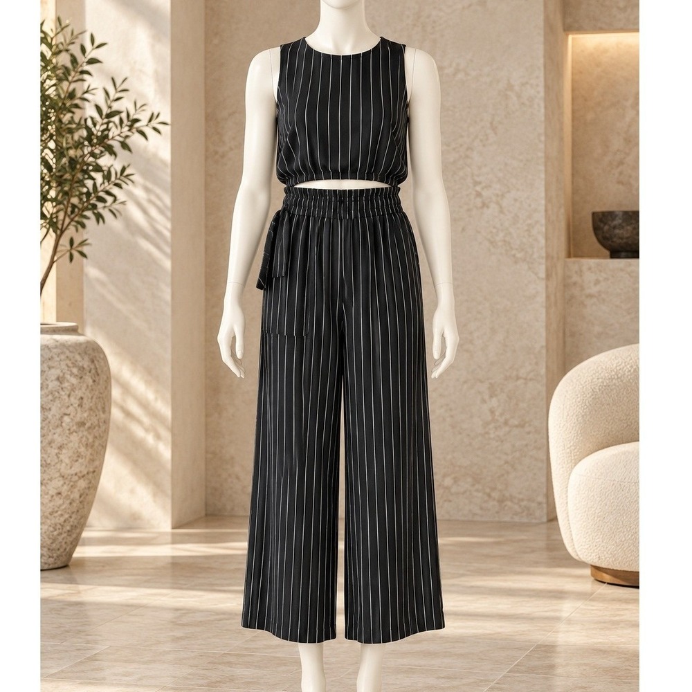 Grecerelle Women Two-Piece Set Black Pinstripe Crop Top Wide Leg Pants Size S